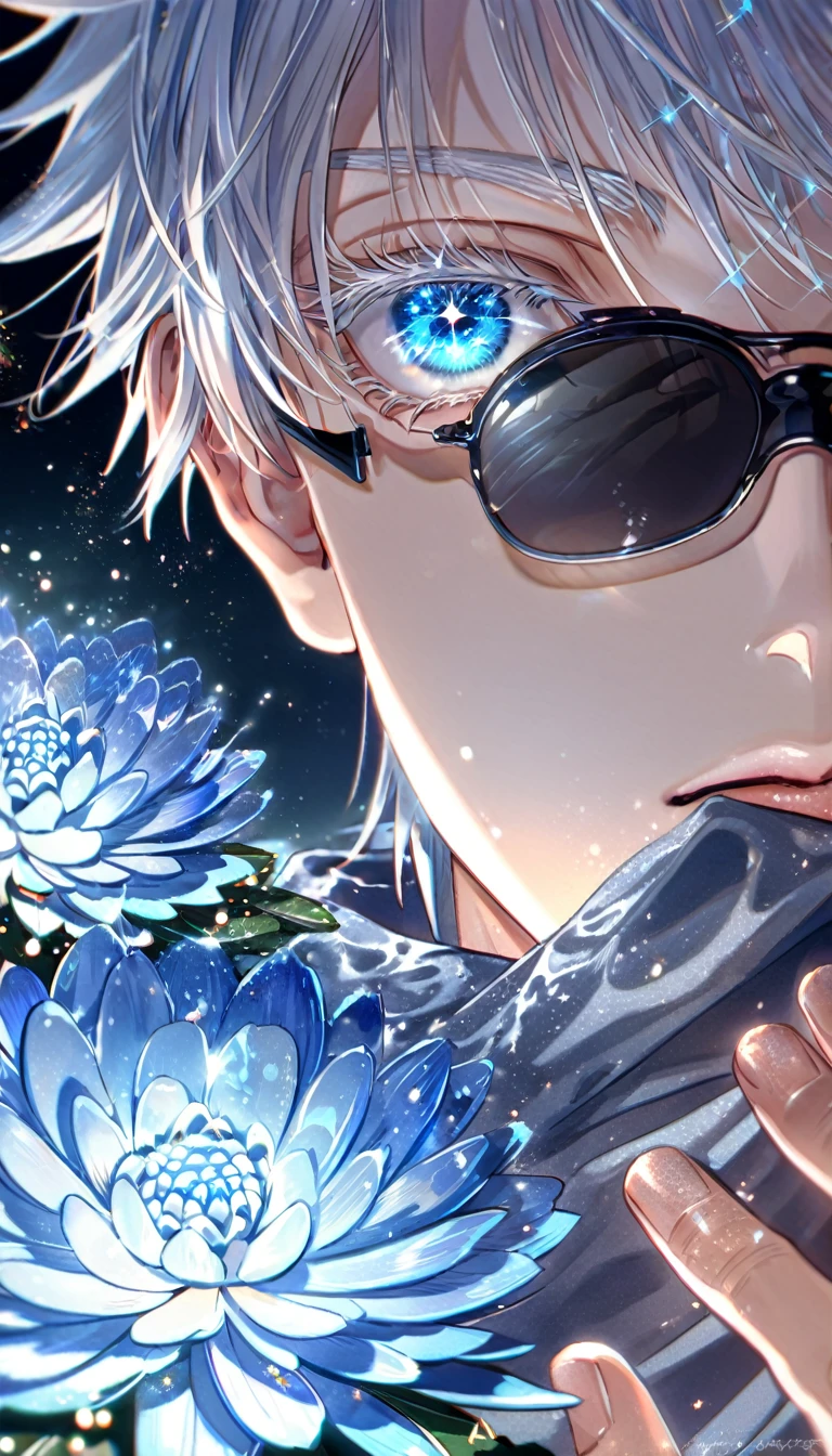 absurdres, highres, ultra detailed, HDR, master piece, best quality, extremely detailed, Gojou Satoru, white hair, black sunglasses, expressive blue eyes, white eyelashes, Jujutsu Kaisen, solo, sexy man, handsome, light blue shirt, fantasy, water, sparkling, blue glittering fireflies, blue moon, blue blossoms, blue chrysanthemums, blue sparkling lights, starry sky, magical