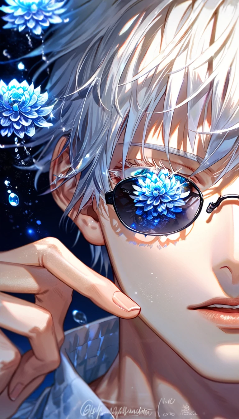 absurdres, highres, ultra detailed, HDR, master piece, best quality, extremely detailed, Gojou Satoru, white hair, black sunglasses, expressive blue eyes, white eyelashes, Jujutsu Kaisen, solo, sexy man, handsome, light blue shirt, fantasy, water, sparkling, blue glittering fireflies, blue moon, blue blossoms, blue chrysanthemums, blue sparkling lights, starry sky, magical