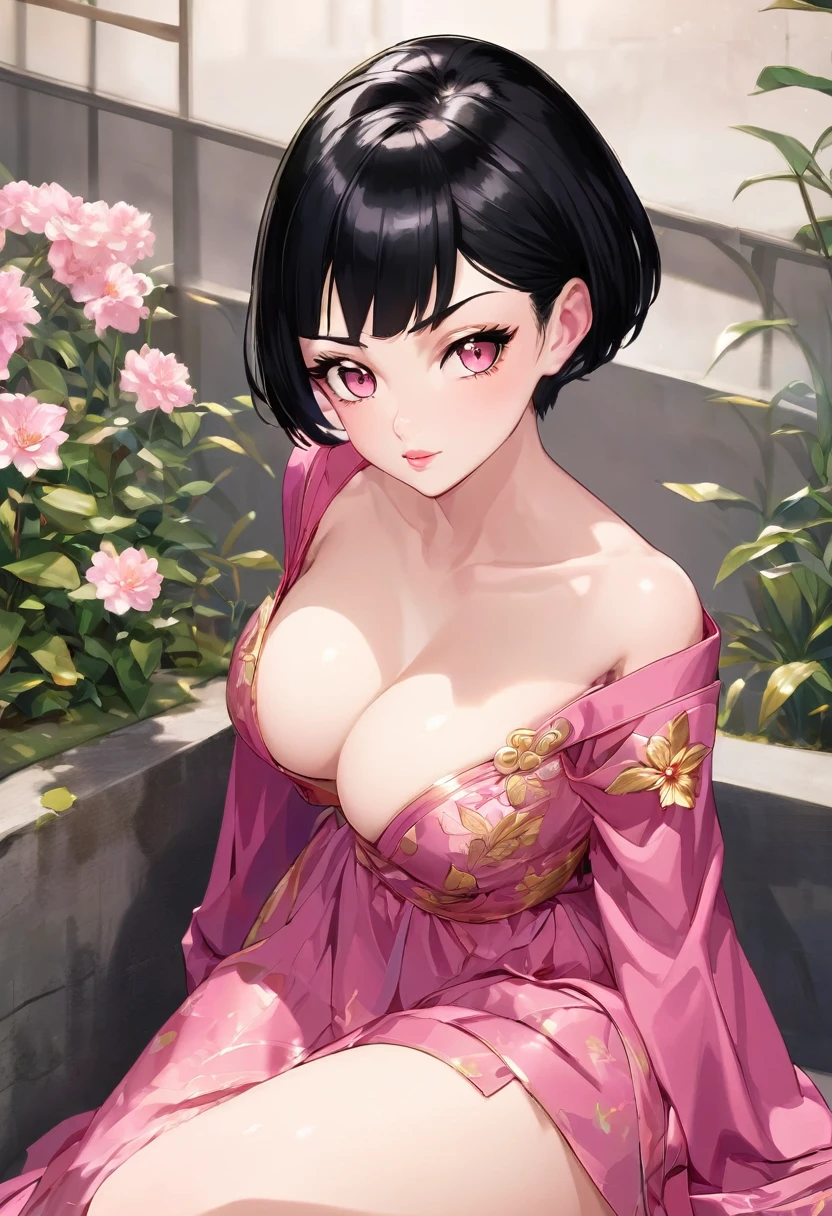 masterful pose, short straight black hair, big golden eyes, pink dress, accompanying ryomei sukuna, Thighs, breasts, big lips, round face