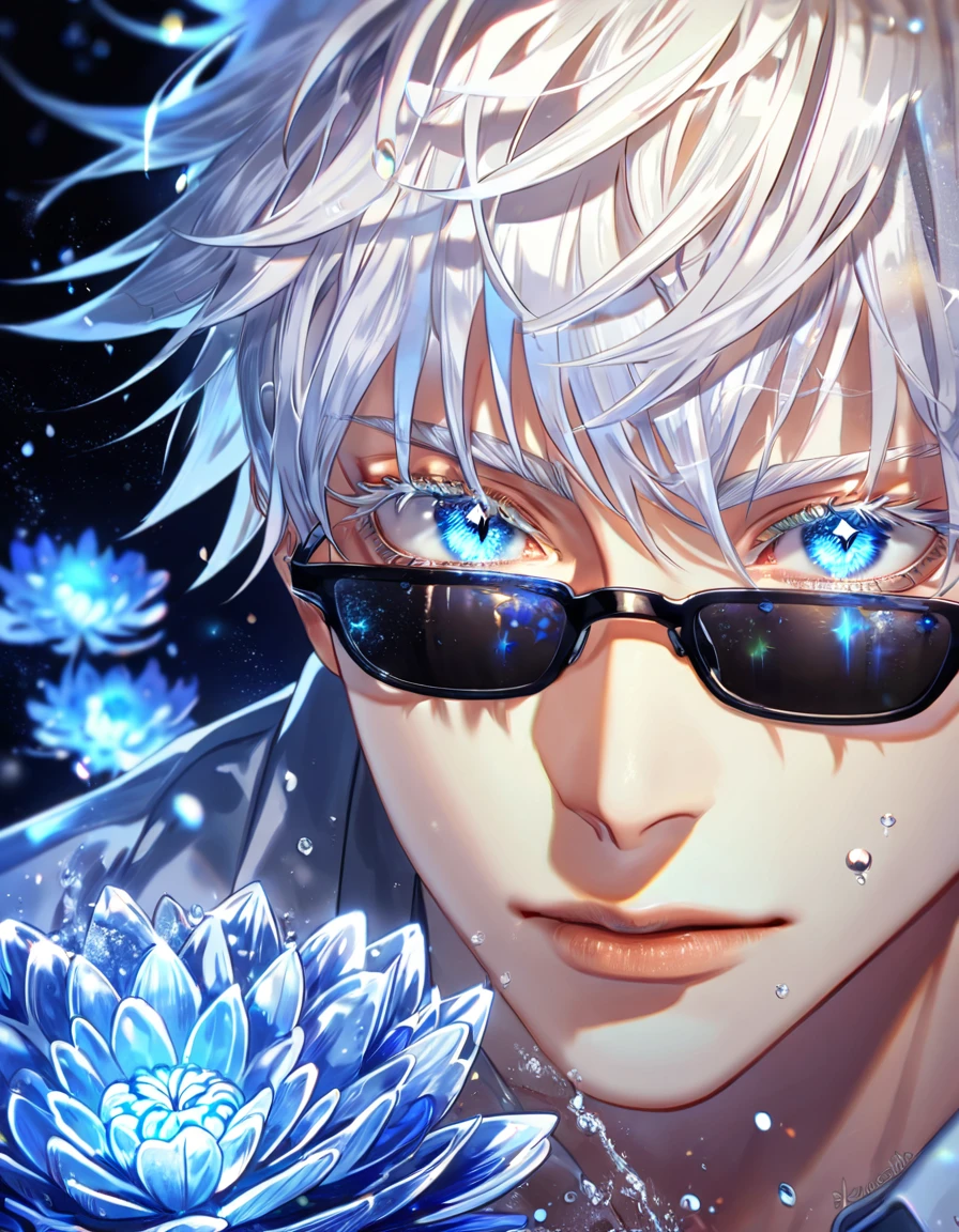 absurdres, highres, ultra detailed, HDR, master piece, best quality, extremely detailed, Gojou Satoru, white hair, black sunglasses, expressive blue eyes, white eyelashes, Jujutsu Kaisen, solo, sexy man, handsome, light blue shirt, fantasy, water, sparkling, blue glittering fireflies, blue moon, blue blossoms, blue chrysanthemums, blue sparkling lights, starry sky, magical