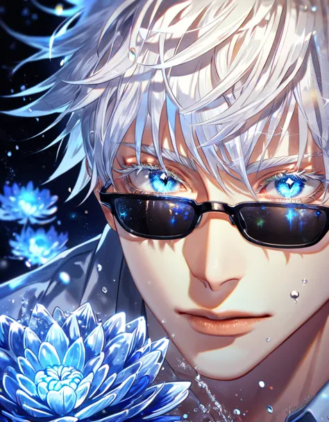 absurdres, highres, ultra detailed, HDR, master piece, best quality, extremely detailed, Gojou Satoru, white hair, black sunglas...
