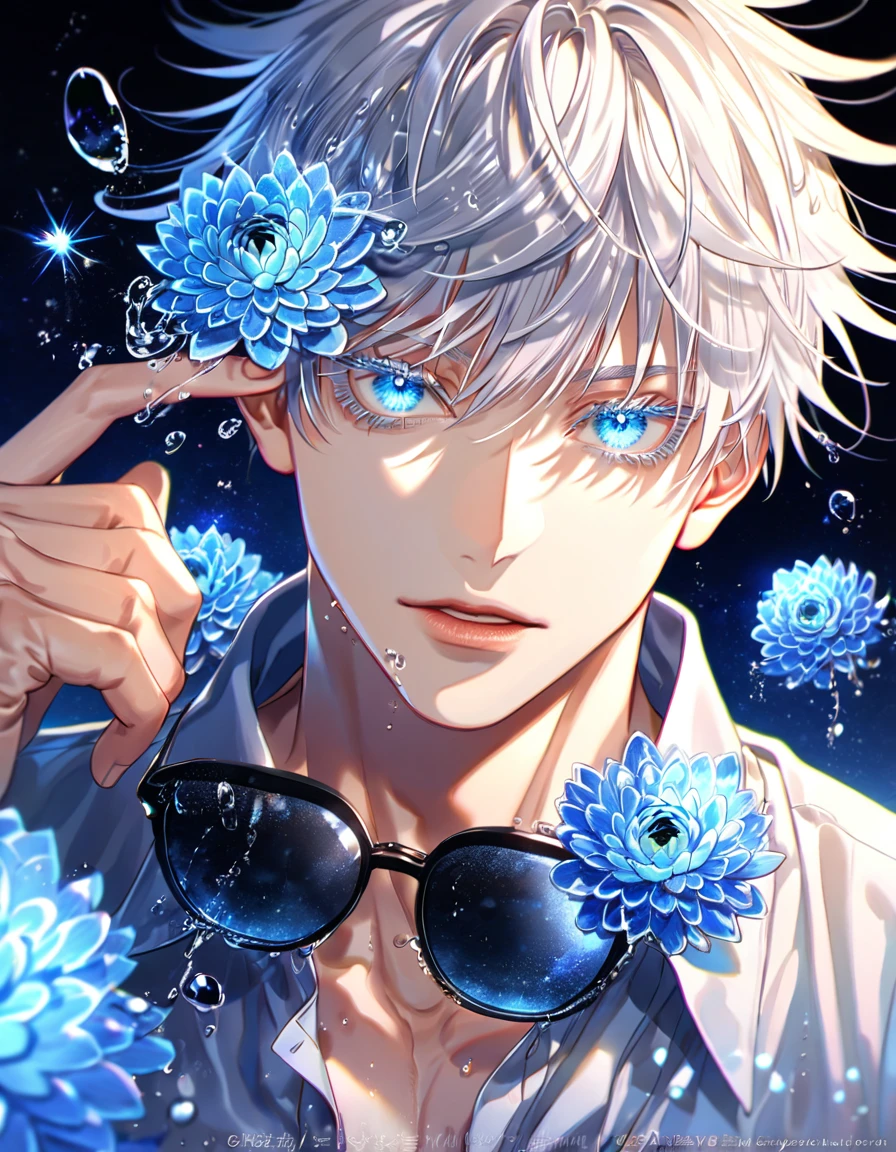 absurdres, highres, ultra detailed, HDR, master piece, best quality, extremely detailed, Gojou Satoru, white hair, black sunglasses, expressive blue eyes, white eyelashes, Jujutsu Kaisen, solo, sexy man, handsome, light blue shirt, fantasy, water, sparkling, blue glittering fireflies, blue moon, blue blossoms, blue chrysanthemums, blue sparkling lights, starry sky, magical