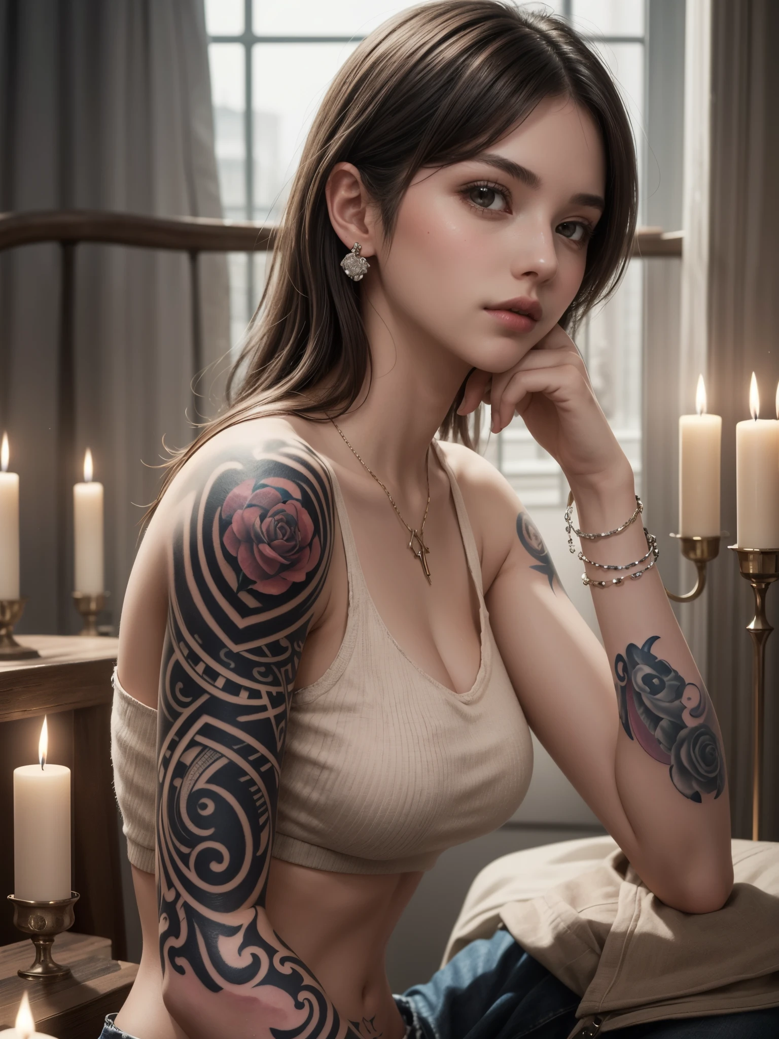 woman with beautiful tattoo on her arm, BREAK, 1girl, from side, tatto on her arm, (fully tattooed arm:1.4), fine line, detailed face, (looking at viewer:1.4), tilt shoulder, intricate patterned loose crop top, navel, side light, bangs, (highest quality, masterpiece, ultra-high resolution), (professional camera work:1.4), highly detailed skin, captivating, sensual, (sense of loss, sadness expressions:0.8), dreamy, parted lips, dark brown medium length hair, candles, earrings, necklace, bracelet, (romantic, mysterious), original, dramatic, artistic, innovative, attractive, heartful, fancy, charming, gigantic breasts,