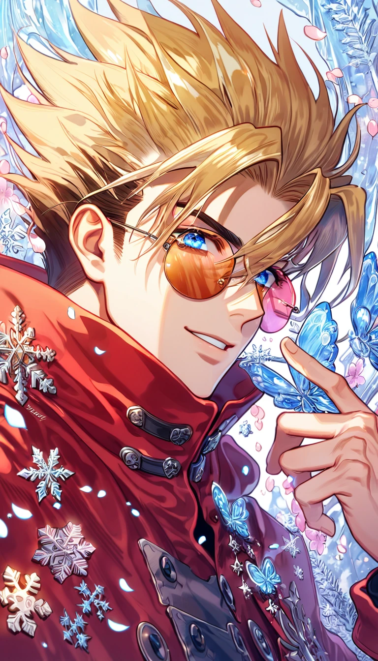 Ultra detailed, HDR, Highres, absurdres, master piece, Vash Stampede, blonde spiked hair, expressive blue eyes, amber round sunglasses, red trench coat, Trigun, handsome, ice glittering butterflies, ice, petals, ice pink glass flowers, glittering, fantasy, magical, snowflakes, cold, handsome smile, solo, 