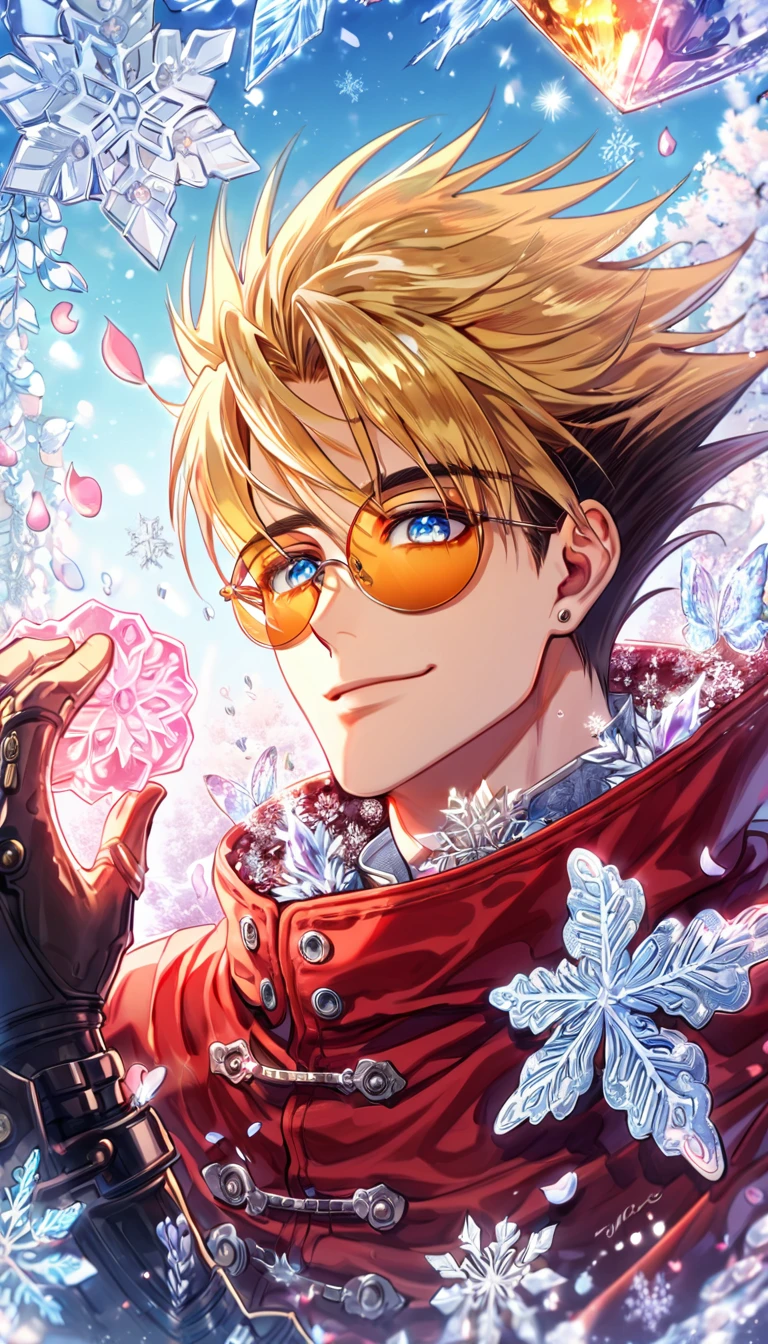 Ultra detailed, HDR, Highres, absurdres, master piece, Vash Stampede, blonde spiked hair, expressive blue eyes, amber round sunglasses, red trench coat, Trigun, handsome, ice glittering butterflies, ice, petals, ice pink glass flowers, glittering, fantasy, magical, snowflakes, cold, handsome smile, solo, 