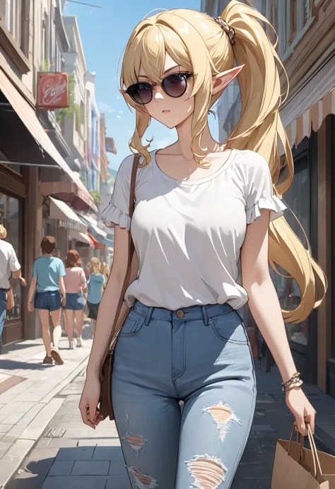 blonde hair, side ponytail, sunglasses, pointy ears, anime style, masterpiece, accurate, textured skin, high quality, best quali...