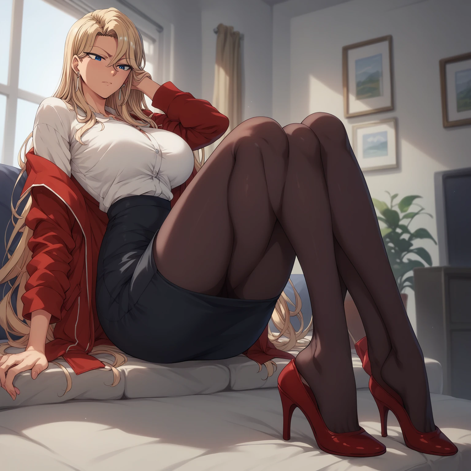 solo,
ReikaKurashiki,1girl,blonde hair,long hair,blue eyes,earrings,
large breasts,
indoors,
full body, wearing red pencil skirt, wearing black pantyhose, wearing red office jacket with white undershirt, wearing red high heels,