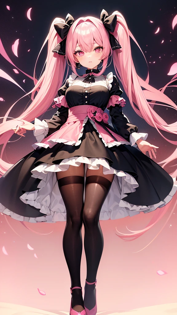 (Highest quality,Very detailed,girl),black tights,Pink Hair,height: 160cm,cute,Pink Eyes,Twin tails,Big Breasts,I&#39;Wearing a pink skirt,Her eyes are white and shining,Has bright white eyes,明るい顔でIを見て,