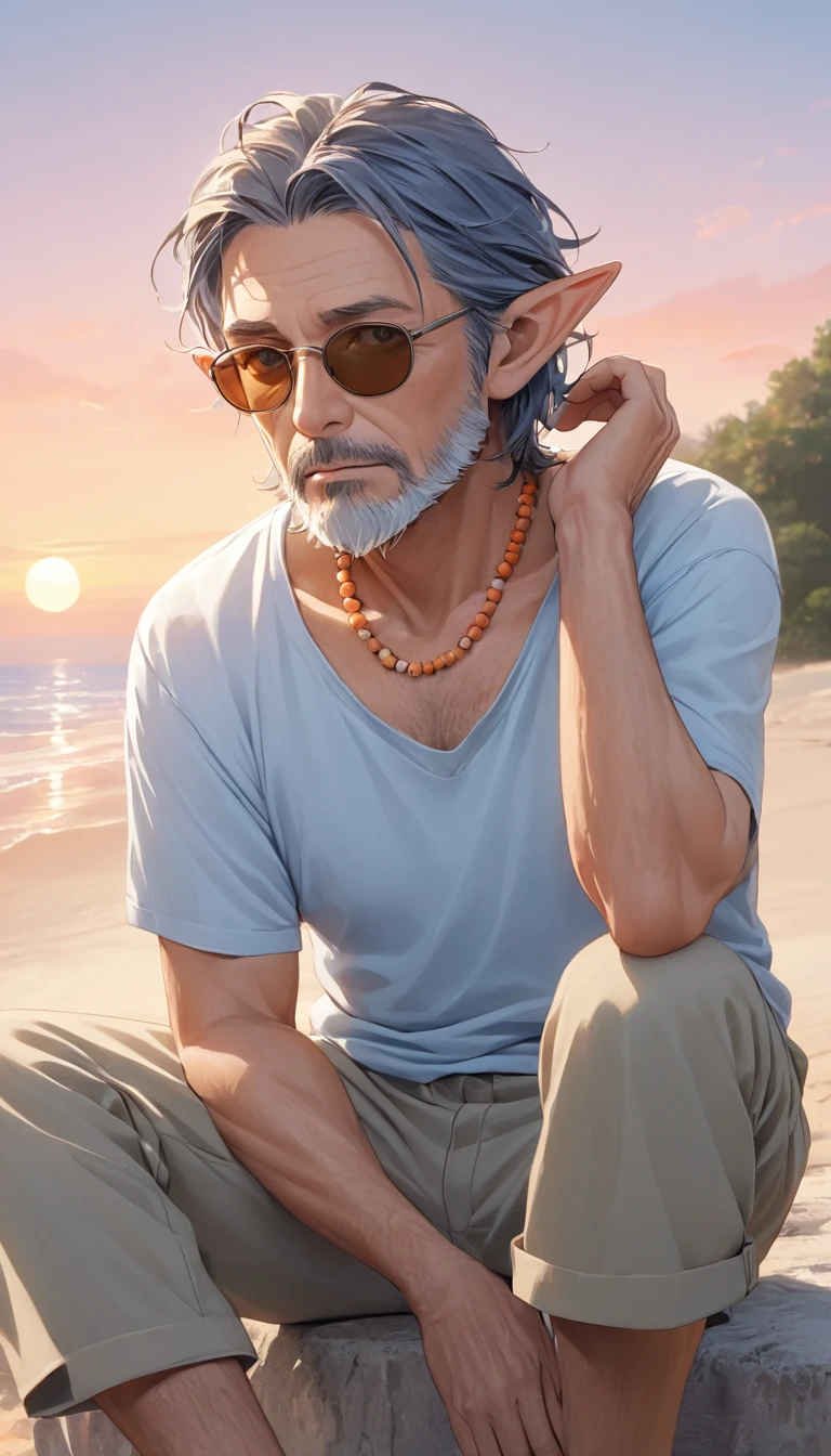 **Prompt:**

Create an image of a serene beach at dawn with pastel hues in the sky, transitioning from pink to orange. A weathered fisherman in his early 50s, with tanned, textured skin, gray tousled hair, and a short beard, sits contentedly in a faded blue t-shirt, khaki shorts, and a straw hat. Nearby, a clean-shaven businessman in his mid-40s, with neatly styled dark hair, fair skin, and wearing a crisp white shirt, navy trousers, and brown shoes, looks curious and perplexed. Add an elf woman with pointy ears, long blue hair with bangs, perfect eyes, a bead necklace, summer knitwear, and sunglasses. The image should be in high quality, highres, with super details, and 4k resolution.