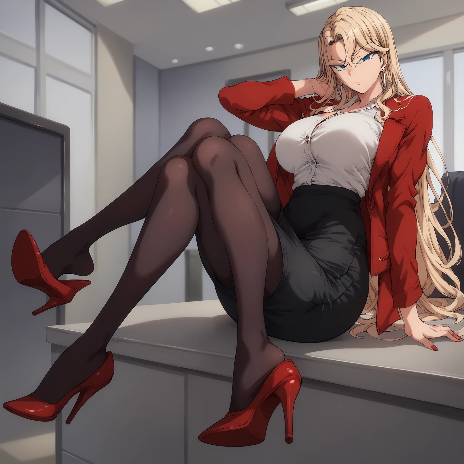 solo, ReikaKurashiki,1girl,blonde hair,long hair,blue eyes,earrings, large breasts, indoors, full body, looking at viewer, ((wearing red pencil skirt, wearing black pantyhose, wearing red office jacket with white undershirt, wearing red high heels)),