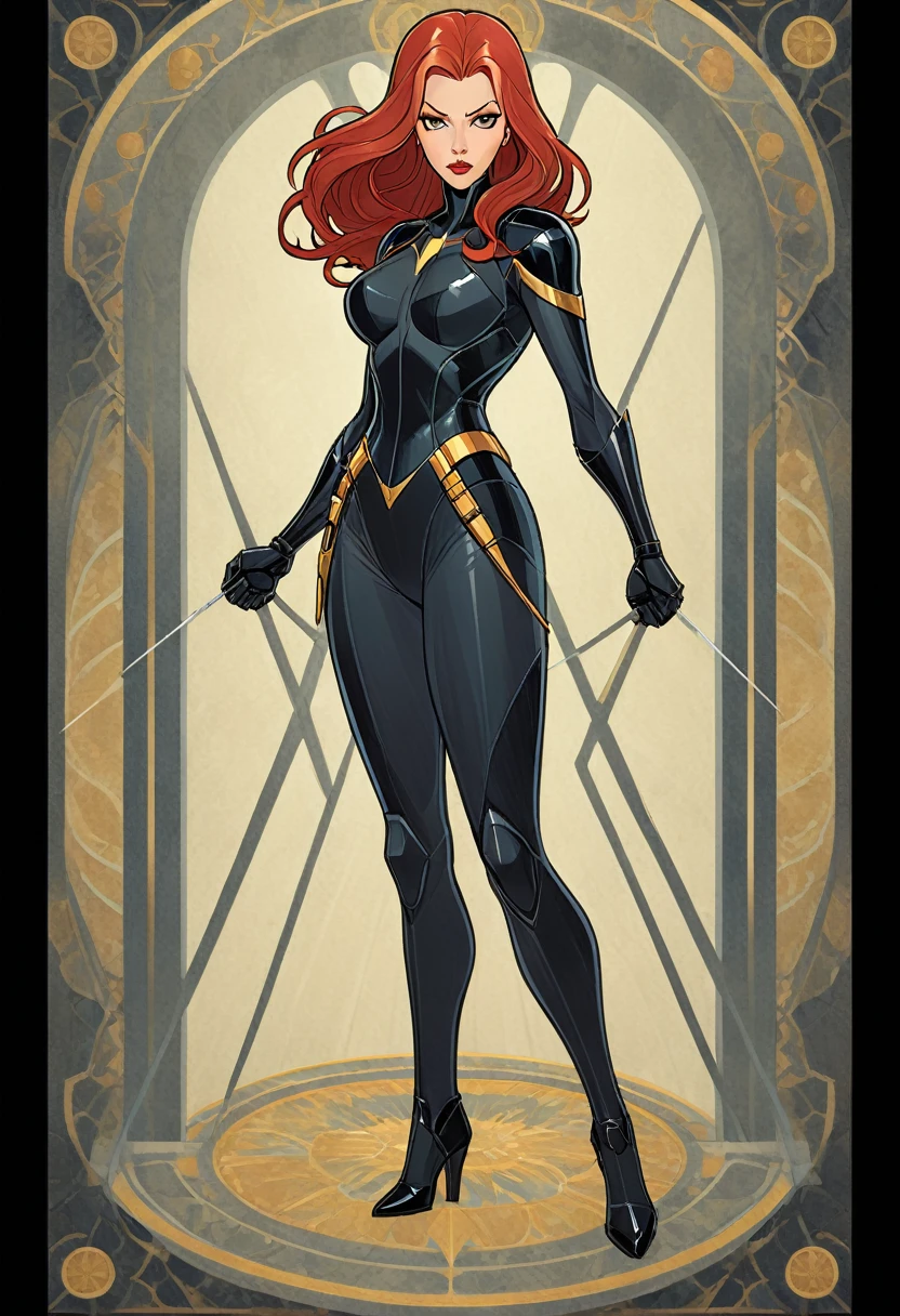 1 Black Widow, จากการ์ตูนซูเปอร์ฮีโร่ชาวอเมริกัน, ภาพวาดเต็มตัว, (((ตามลำพัง))), ลักษณะใบหน้าที่ชัดเจน, การออกแบบเส้นเรียบง่าย, ((พื้นหลังไพ่ทาโรต์, ความงามที่สมมาตร)), สมมาตรอย่างสมบูรณ์แบบ, ศิลปะแห่งความสมมาตร, การวาดตัวละครแบบยืน, ((สีแบน)), เชเดเวอร์，คุณภาพสูงสุด，คุณภาพดีที่สุด，ความละเอียดสูงเป็นพิเศษ, ((ลักษณะใบหน้าที่ชัดเจน，ดวงตาสวย，หน้าสวย, ใบหน้าอันวิจิตรบรรจง))