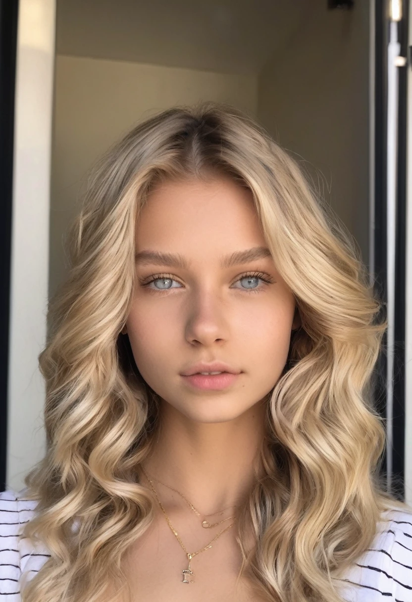 European girl with blonde hair, light eyes, slim fit, Brazilian influencer, very sexy wavy hair, four, 16 years old