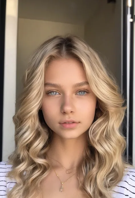 european girl with blonde hair, light eyes, slim fit, brazilian influencer, very sexy wavy hair, four, 16 years old