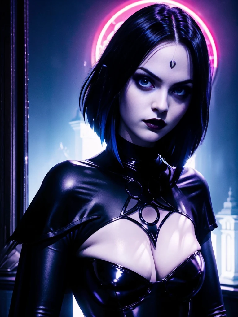 raven solo, gothgirl, with arms crossed looking straight ahead,anime, vibrant colors, dark and mysterious aesthetic, dramatic lighting