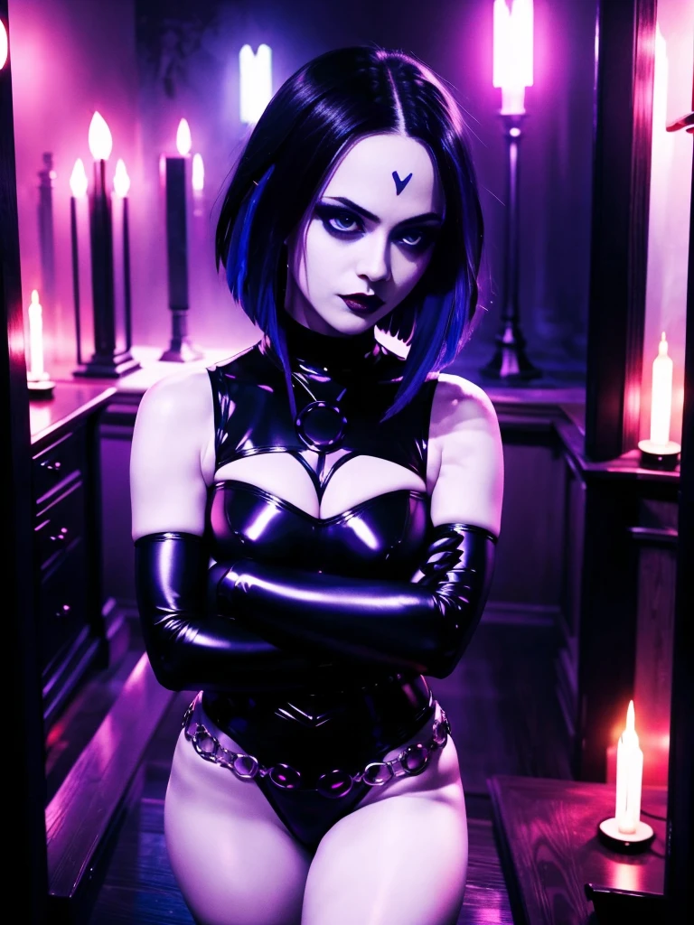 raven solo, gothgirl, with arms crossed looking straight ahead,anime, vibrant colors, dark and mysterious aesthetic, dramatic lighting