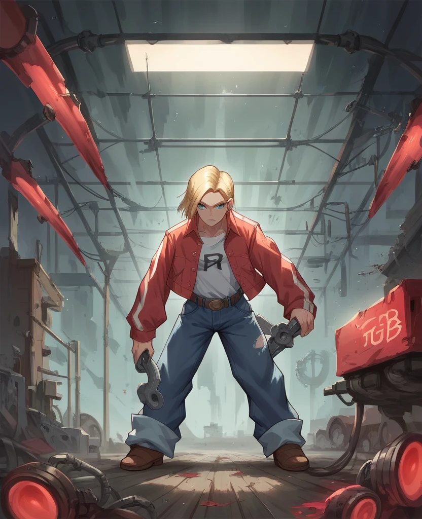 Anime-style illustration, Meliodas + Android 18 teen teen girl dbz with blak red oversized clothing, merging as a mechanic with robotic parts interspersed within his human form, dynamic pose wrench in hand, workshop background cluttered with machinery, oil stains, dimly lit with flickering fluorescent lights, high contrast shadows, vivid colors, intricate detailing of mechanical components, digital painting., Mysterious