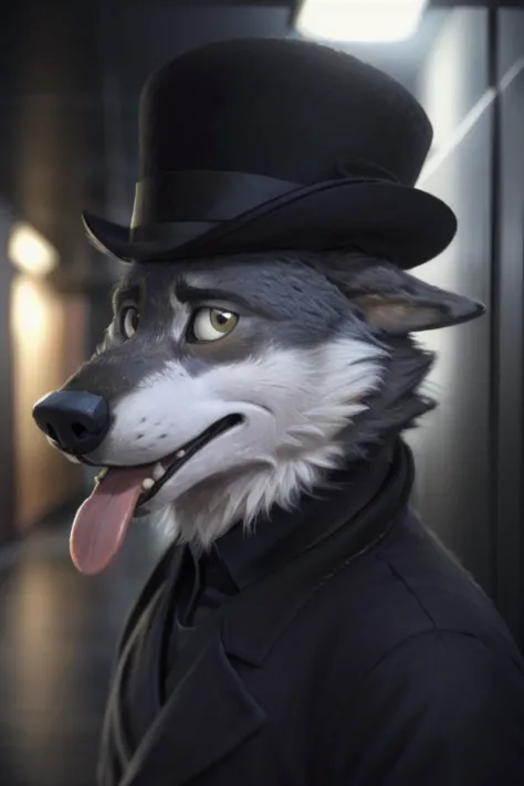 cute cartoon of a (gary \(zootopia\)) using a small black bowler hat 19th century, wearing black worker uniform, solo, wolf, whi...