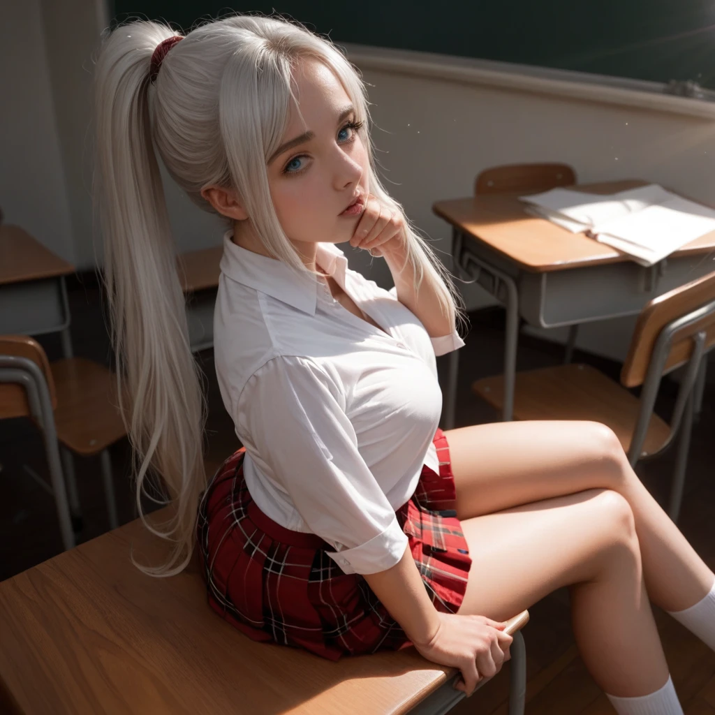 invalid background, god rays, 1girl, sitting at the table, school desk, legs crossed, from above, sexual, sexy, girl experiencing strong orgasm, seductive, white hair, long hair, ponytail, deep blue eyes, breasts(small ), round ass, school student uniform, white shirt, red skirt, short skirt, plaid skirt, school classroom, on the school desk, playing with hair, looking at the viewer,

Score_9,score_8_up,score_7_up, photorealistic, masterpiece, ultra detailed, dim light (soft light, sharp), moody lighting, unreal engine 5, (realistic), (crystal clear)