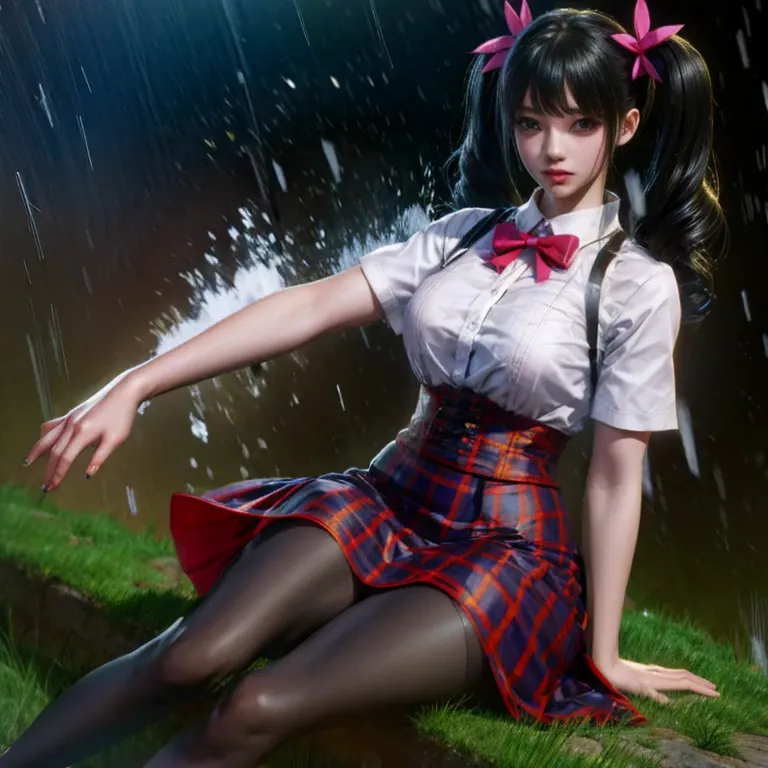 ling x,black hair,twintail,brown eyes,hair accessories, tights (crazy details, masterpiece, best quality),alone, steam , rain , ...