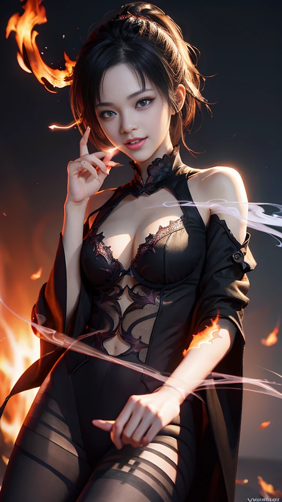 (extremely detailed CG unity 8k wallpaper),(masterpiece), (best quality), (ultra-detailed), (best illustration),(best shadow), (sharp eyeliner, eyeshadow, detailed eyes:1.1), (flames, smoke:1.3), ,BREAK, (vector:1.2), evil smile,