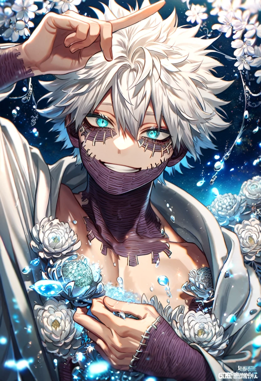 absurdres, highres, ultra detailed, HDR, master piece, best quality, extremely detailed, Dabi, white hair, expressive turquoise eyes, Boku No Hero Academia, solo, sexy man, handsome, smile, white coat, fantasy, water, sparkling, silver glittering fireflies, silver moon, silver blossoms, silver chrysanthemums, silver sparkling lights, starry sky, magical