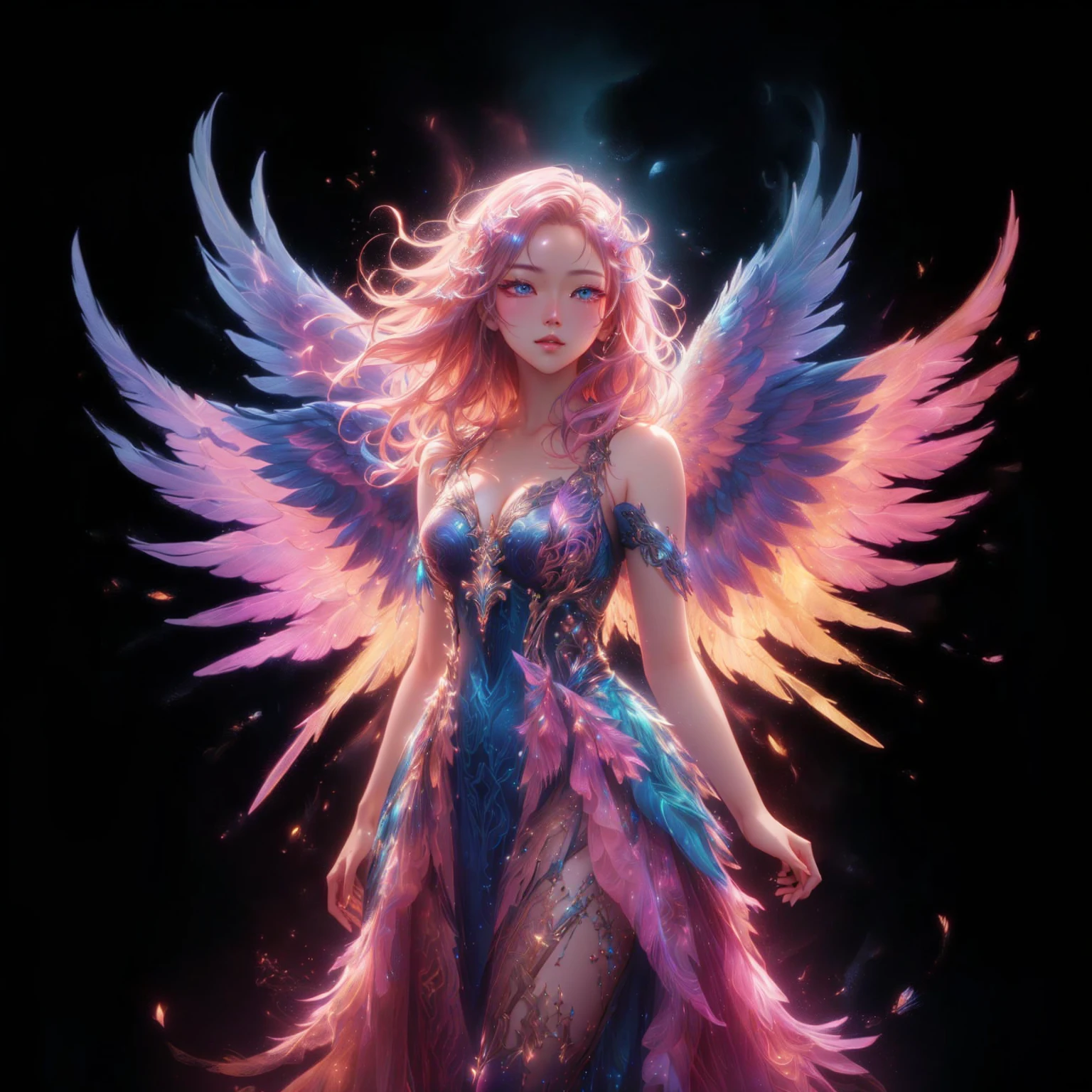 A woman with wings and a body full of gold, Fantasy art style, By Yang J, Ethereal wings, High quality 8K detailed artwork., Like a mysterious Valkyrie, digital fantasy art ), angel on the star, Intricate, elegant cgi anime style., Ethereal fantasy, 2. 5d cgi anime fantasy artwork, Ross Tran 8 g, fantasy anime illustration, Ross Tran and WLOP , blue eyes