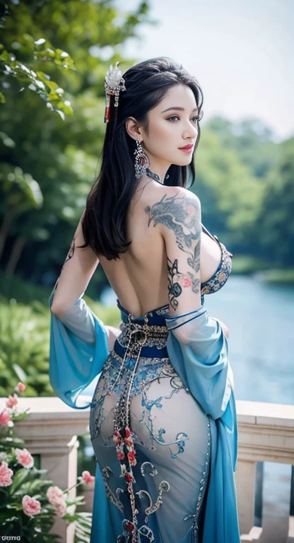 masterpiece, top quality, best quality, official art, beautiful and aesthetic:1.2),1girl, tattoo, solo,  Japanese adult, hair ornament, unsheathing, black hair, sheath, dragon tattoo, blue eyes, looking back, from behind, flower, looking at viewer, holding, makeup, outdoor, huge breasts and hourglass figure