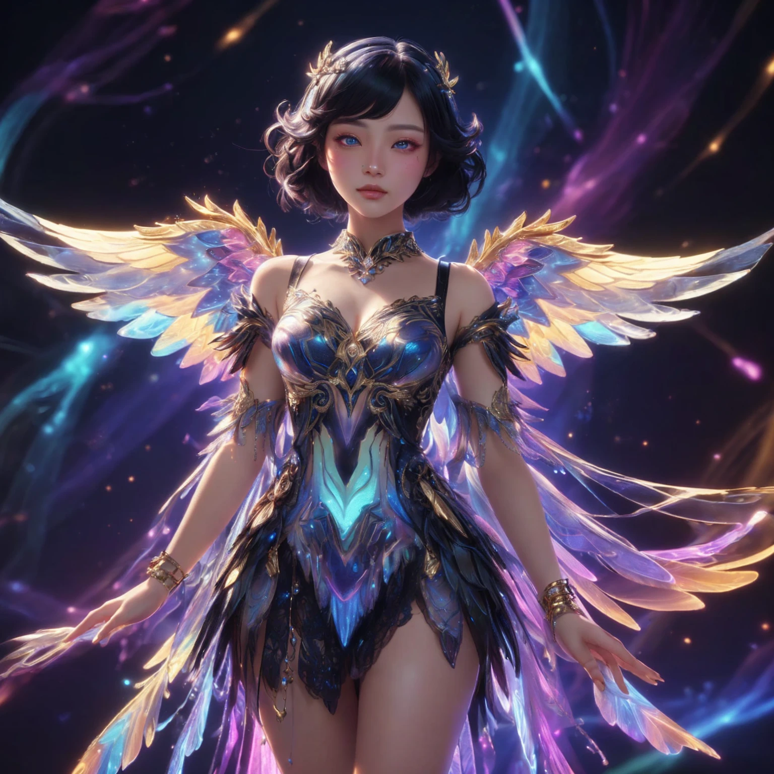 Supermodel Indian woman with wings and body covered in gold,Fine gold jewelry, Fantasy art style, By Yang J, Ethereal wings, High quality 8K detailed artwork., Like a mysterious Valkyrie, digital fantasy art ), angel on the star, Intricate, luxurious CGI style realistic anime., Ethereal fantasy, 2. 5d cgi anime fantasy artwork, Ross Tran 8 g, fantasy anime illustration, Ross Tran and WLOP , deep blue eye,