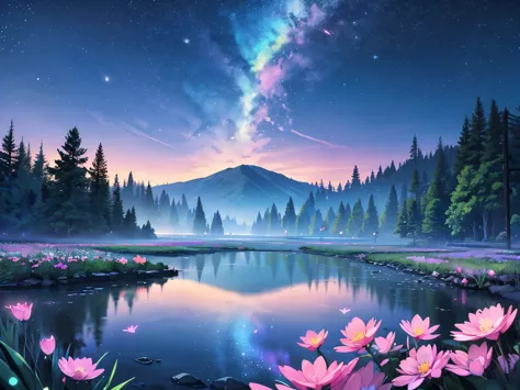 a mystical grove, with luminous flowers, multicolored neon butterflies, crystal clear water, beautiful trees, (((unique view wit...