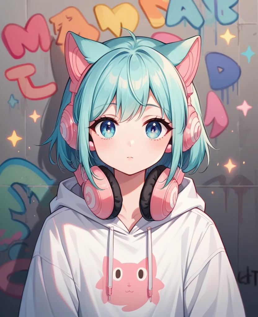 Cute cat dressed in a white hoodie with pastel pink accents, oversized headphones snugly fit around its neck, mid-action as it maneuvers through an urban setting, backdrop of graffiti-covered walls, contemporary streetwear fashion vibe, pastel tones, soft-focus background, bokeh lights, digital painting, ultra fine, ultra realistic