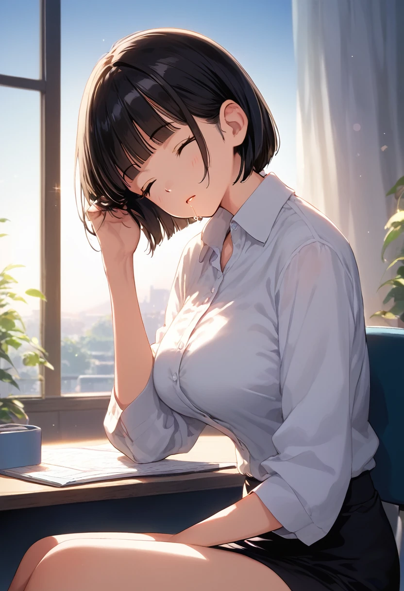 score_9,score_8_up,score_7_up,masterpiece,best quality, source anime, official art, super detailed, extreme detailed, rating_safe,
1girl, sitting on chair, (tilt head:1.2), sleeping, 
BREAK girl, 22yo, short hair, bob cut, (blunt bangs), black hair, (tareme, detailed cute brown eyes), curled eyelashes, (large breasts:0.9), 
shiny hair, beautiful detailed eyes, beautiful face,
slender, small ass, slim legs,
white collared shirt, black tight mini skirt,  
(closed eyes:1.2), parted lips, drooling,
office, night, dark room, screen lights, Rembrandt Lighting Style
