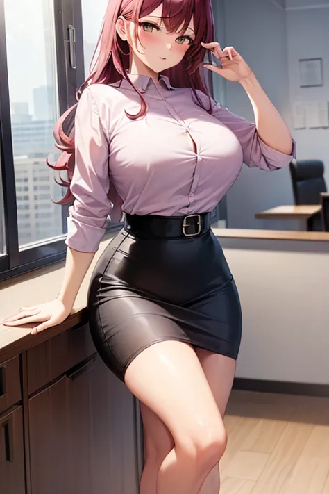 ((masterpiece, best quality)), highres, beautiful sexy business woman looking at viewer, blush, black midi pencil skirt, long pe...