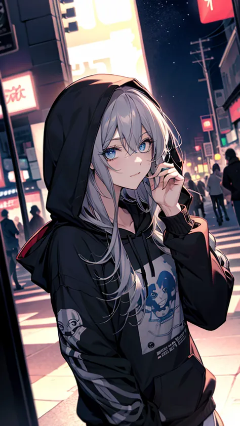 anime girl with blue eyes and black hoodie posing for a picture, (anime girl), perfect Gray-haired girl, inspired by Ib Eisner, ...