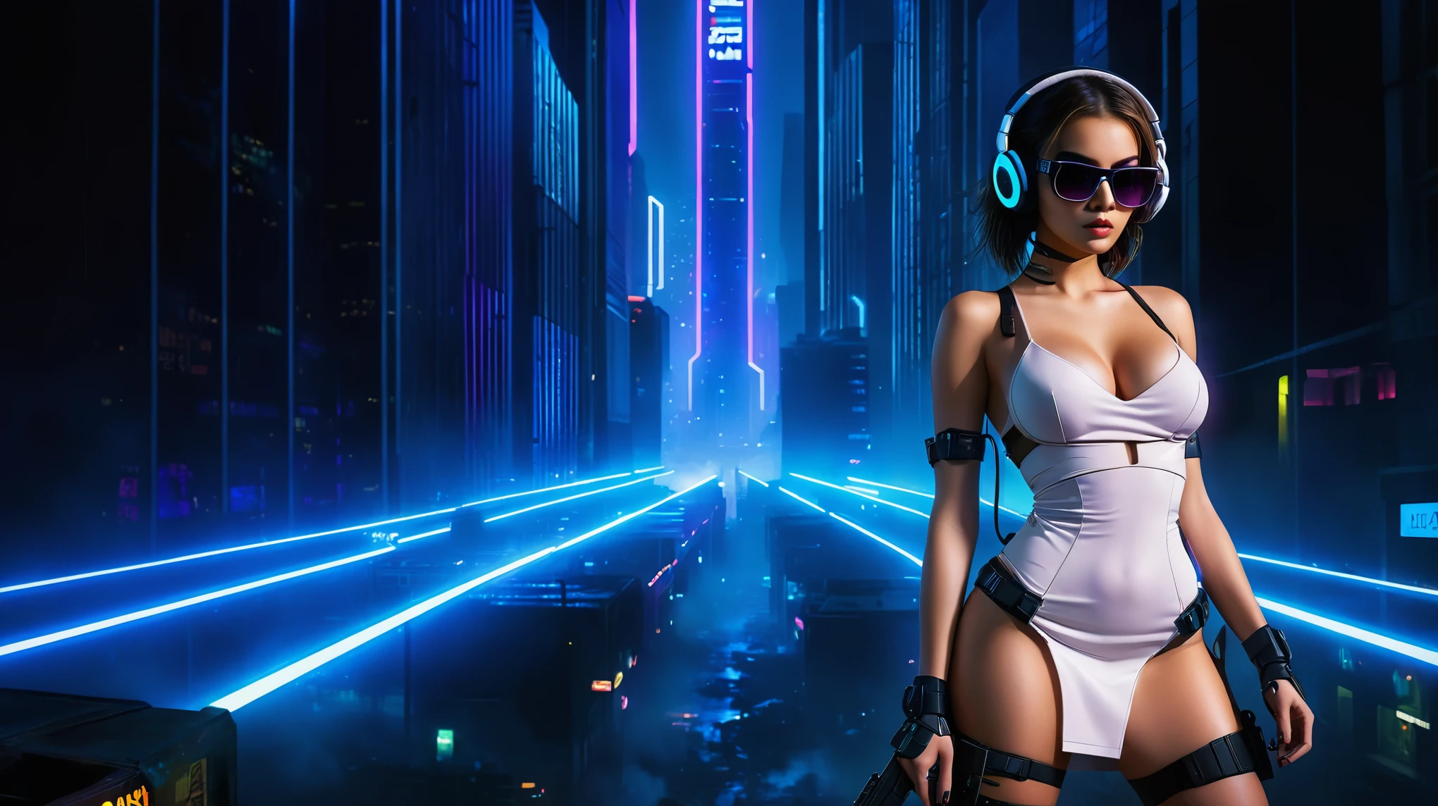 dark futuristic landscape, at night, neon lights, Atmospheric fog, large buildings in the background, futuristic city, streets with open shops, skyscraper (postapocalyptic city:1.3). (((1girl, solo, alone))), large-breast:1.2 slim body, cleavage:1.1, sexy miniskirt, (((headphone, black sunglasses, standing and holding pistol pose))), (((half-body thigh level medium shot))), cinematic lighting, lens flare, ray tracing.