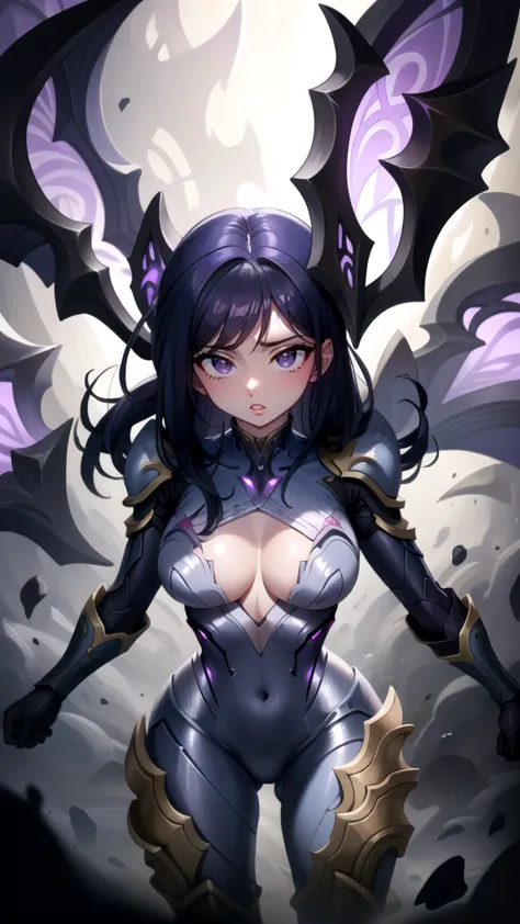 (work of art, best qualityer), details intricate,
1 girl, kaisa, armors, purple colored armors, cos, tentacles, void, purple mis...