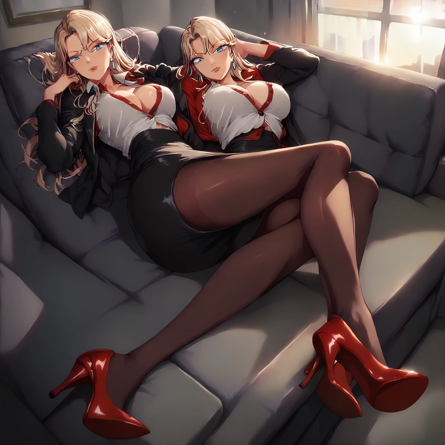 (solo), Reika Kurashiki, 1girl, blonde hair, long hair, blue eyes, earrings, large breasts, indoors, full body, looking at viewer, ((wearing red colored pencil skirt, wearing black pantyhose, wearing red colored buttoned up office jacket with white undershirt, wearing red high heels)), laying in office couch, in personal office, sunset lighting, mouth slightly open,