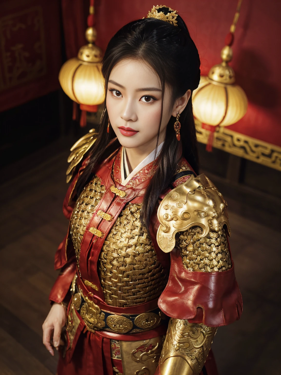 (From above:1.5), ancient Chinese girl, 2 century, looking at camera, beautiful Chinese  Young General, 2, (Highly detailed face, Ordinary eyes,  Tapered eyebrows, Black eye, Variegated eyes, Fuller lips, little Lips, Silas, Chinese line earring ),(middle breasts, middle hip), (ancient Chinese costume, Red decoration leather armor emboss armor of dragon ,  chain inner clothes, put on a red silk cloak , red leather head band ), (holding a ancient Chinese long pike), standing in Chinese Palace, near Garden, sunset ,(masterpiece, Highest quality, masterpiece, God-like quality, Godly art, , Very realistic)