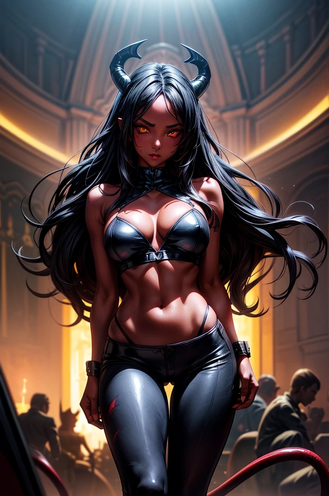 masterpiece, super detailed, high resolution, precision art, highly seductive anime girl. sexy and alluring, flawless dark red demonic skin, succubus, symmetrical face, beautiful olive eyes, flowing black hair, her very presence oozes seduction and allure, S-shaped body, black onyx colored horns jutting out her forehead, heart shaped tail protruding from her back, sexy and arousing slender and thin yet chiseled with enticing breasts, intricate and beautiful heart shaped tattoo engraved on her stomach, wearing spaghetti strap crop-top and form-fitting leggings that accentuate her round ass, hip-level shot