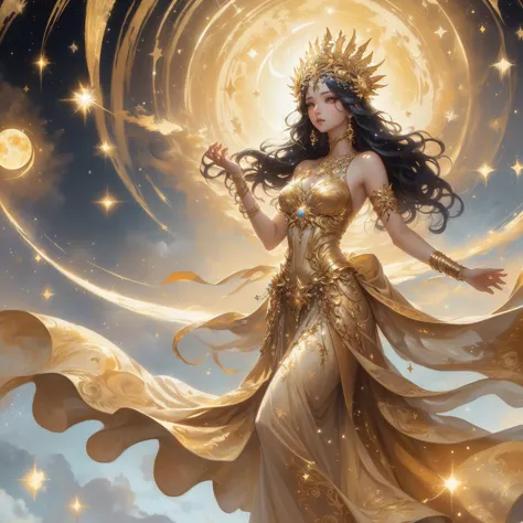 a woman in a golden dress stands in front of a starry sky., celestial goddess, beautiful heavenly mage, gorgeous goddess of leo,...