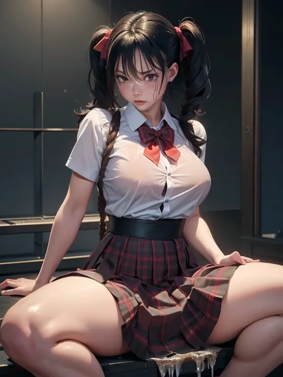 ling x,black hair,twintail,brown eyes,hair accessories, tights (crazy details, masterpiece, best quality),alone, dark red skirt ...