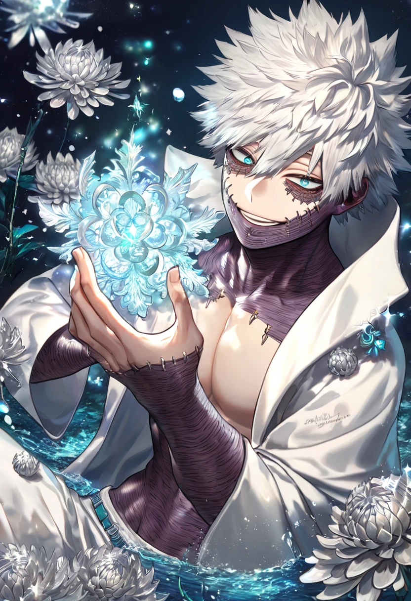 absurdres, highres, ultra detailed, HDR, master piece, best quality, extremely detailed, Dabi, white hair, expressive turquoise eyes, Boku No Hero Academia, solo, sexy man, handsome, smile, white coat, without shirt, white pants, fantasy, water, sparkling, silver glittering fireflies, silver moon, silver blossoms, silver chrysanthemums, silver sparkling lights, starry sky, magical