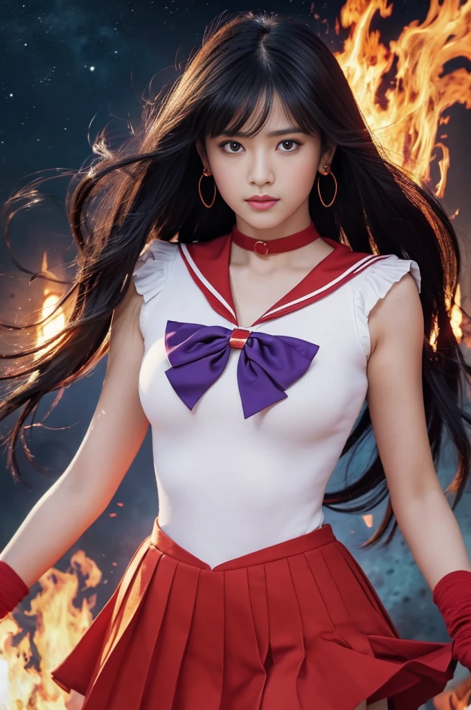 ((HD Real, Same 1 level)), Extremely realistic, masterpiece, Highest quality, High resolution, Same 1, space, Stunning beauty, Upper Body Shot, 1 girl, chest, gloves, lips, alone, Sailor Mars, Purple eyes, uniform, Show more1, tiara, sailor warrior uniform, (RAW Photos, Highest quality), masterpiece, Floating Long Black Hair, Red Sailor Collar, bow, choker, White gloves, red choker, Elbow gloves, jewelry, Earrings, Red Skirt, only, whole body, Black Hair, (Perfect hands): 3.8, Octane Rendering, Goddess of Fire, (close: 1.2) In detail, Beautiful Eyes, close, Small eyes, Show Viewer, to8 contrast style, Octane line drawing, space background, Mars, There&#39;s flames all around her, red flame, intense gaze, Clear Eyes, Hands down
