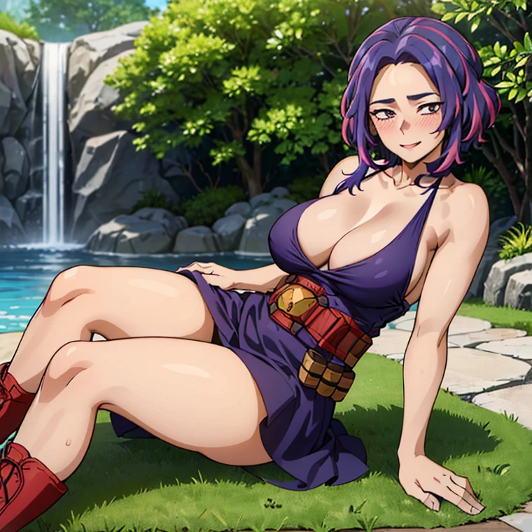 1girl, alone, lady nagant,(best quality, ultra detailed), ((full-face blush)), (detailed background:1.2), (perfect face, detailed face), looking at viewer, (mature female:1.4), smile lady_nagant, large breasts, short hair, sleeveless, streaked hair, bare shoulders, medium hair, belt, dress, purple hair,multicolored hair ,boots (garden, outdoors, sitting), perfect hands, perfect anatomy ((en bikini de color blanco "se resalte  las tetas" y  toda mojada)), *(("cara de excitada sacando la lengua" ))* (("en bikini ")) ((las piernas abiertas a en pose sexy en bikini))(( "sin falda" )) (("mostrando las bragas")) ((pose sexy mostrando sus  atributos)) ((las piernas abiertas viendo para la cámara mostrando  bragas))