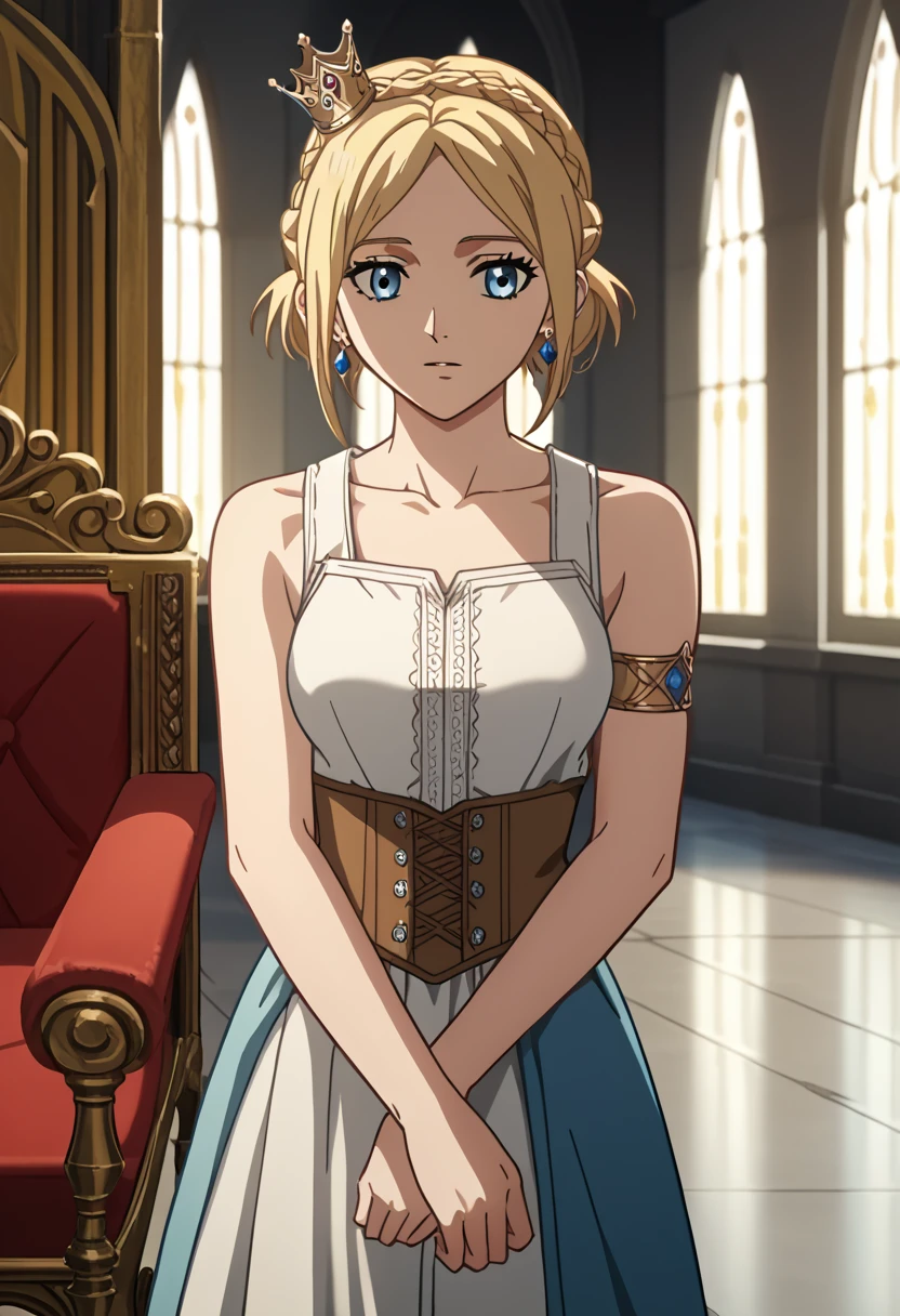 score_9, score_8_up, score_7_up, source_anime, best quality, high resolution, masterpiece, absurdres,vector trace,anime screencap, key art style, cinematic lighting, morning, 1girl, solo,  medieval, taint glass, historia reiss,blue eyes, blonde hair, medium breasts, sleeveless, collarbone, armlet, bare shoulders, long white royal tunic, throne room, formal, standing, historiaReiss, christa renz, , crown braid, ears, short hair, crown braid, earrings