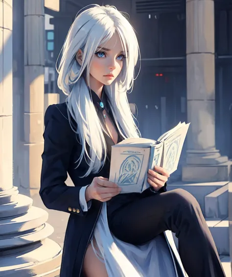 {-anatomy_error:1.0} An incredibly beautiful woman, blue eyes, long white hair, long bangs, is dressed as a businesswoman, 40 ye...