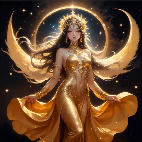 a woman in a golden dress stands in front of a starry sky., celestial goddess, beautiful heavenly mage, gorgeous goddess of leo,...