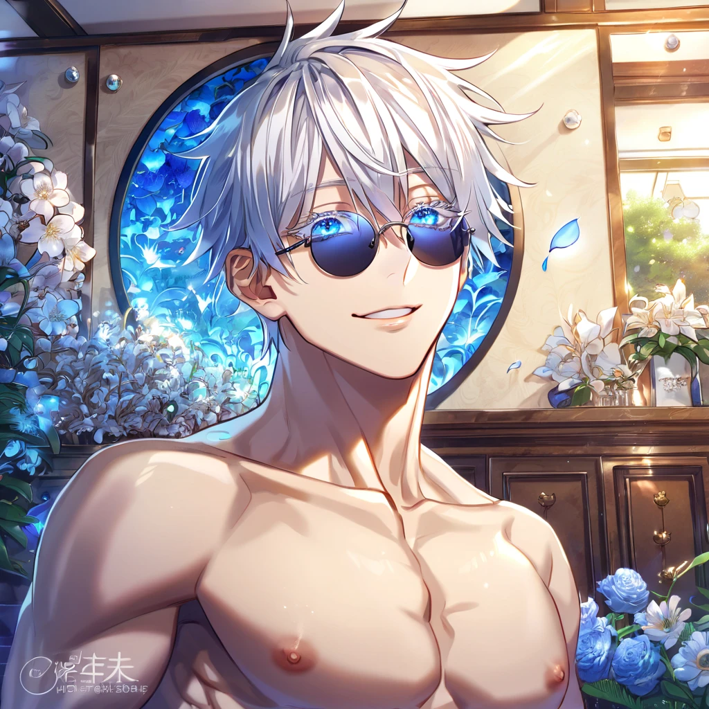 absurdres, highres, ultra detailed, HDR, master piece, Gojou Satoru, white hair with bangs, white eyelashes, expressive blue eyes, hair between the eyes, bare chest, toned chest, Jujutsu Kaisen, sexy man, room, handsome, best quality, flowers, fantasy, magical, solo, blue shining fireflies, blue petals, black round sunglasses, handsome smile,