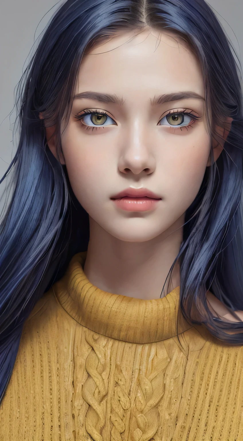 (masterpiece:1.3), (8k, photorealistic, RAW photo, best quality: 1.4), (1girl), beautiful face, (realistic face), (long blue hair), beautiful hairstyle, realistic eyes, beautiful detailed eyes ((yellow eyes)), (realistic skin), beautiful skin, (sweater), absurdres, attractive, ultra high res, ultra realistic, highly detailed, golden ratio, nudes, seios enormes