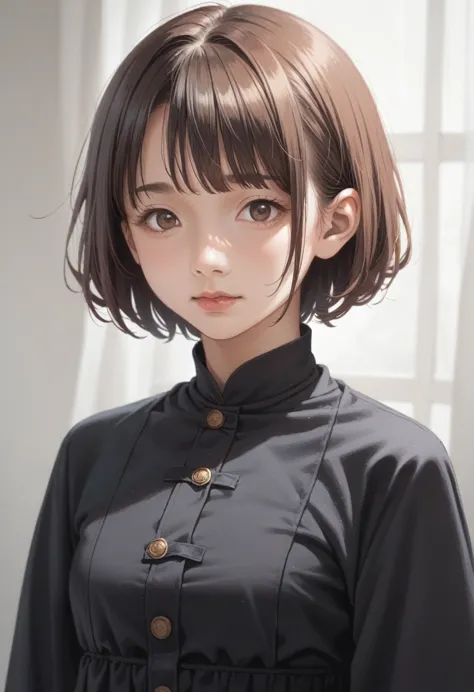 anime girl with short hair and brown eyes in a black dress, semirealistic anime style, anime style portrait, face anime portrait...