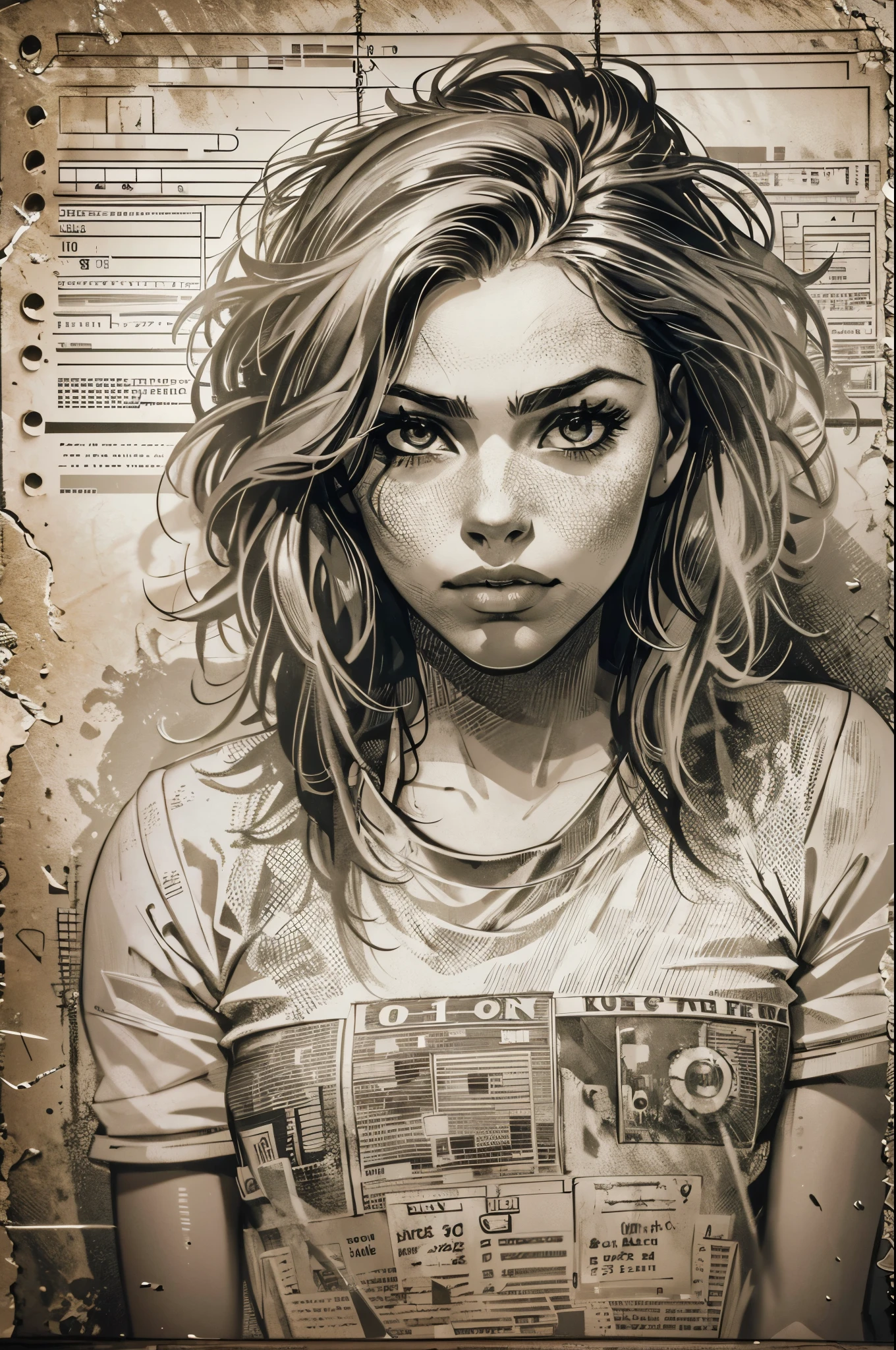 A girl in a mugshot, sketch, black and white, detailed features, vintage style, high contrast lighting, expressive eyes, tousled hair. (best quality, highres, realistic:1.37), vintage, monochrome, intense gaze, dramatic lighting, rugged background, distressed paper texture, retro vibes, id photo, front view